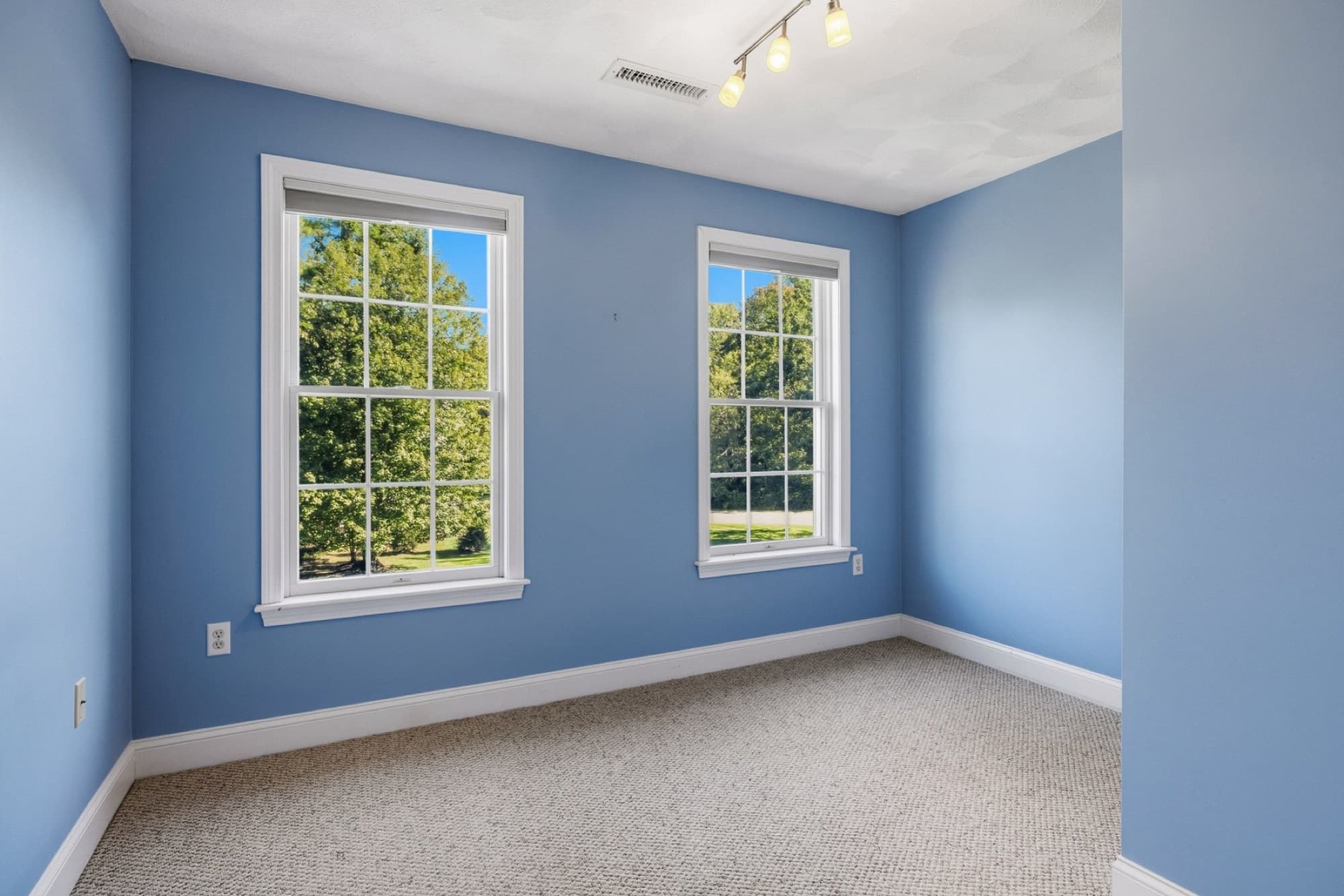 A blue bedroom with 2 windows and carpet