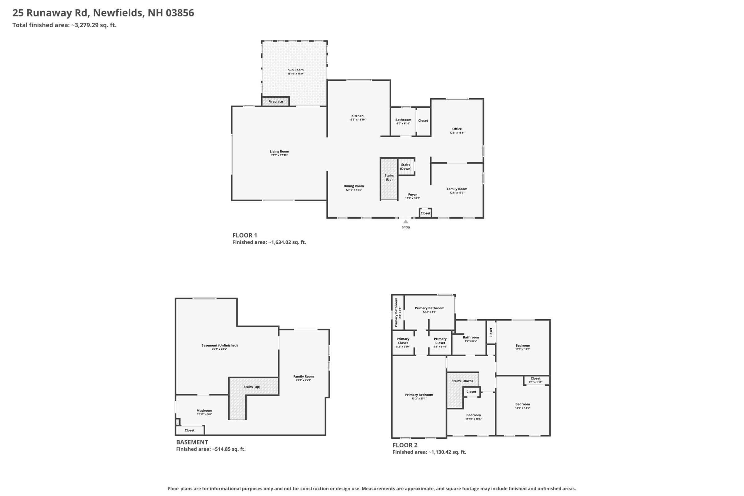 Floor plans for all three levels with room dimensions